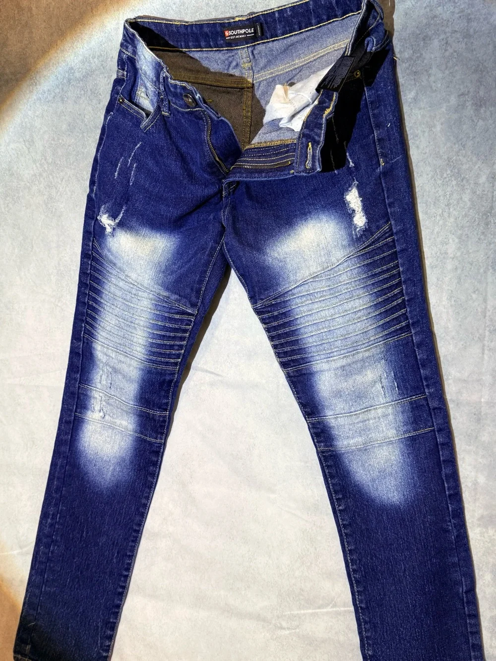 South Pole Men’s Blue Moto Ribbed Skinny Jeans